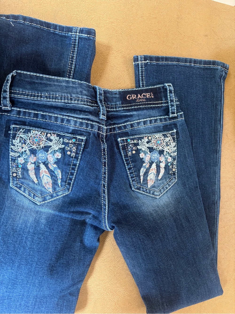 Grace Boot Cut Jeans with Blue Embroidered Pockets girls 12